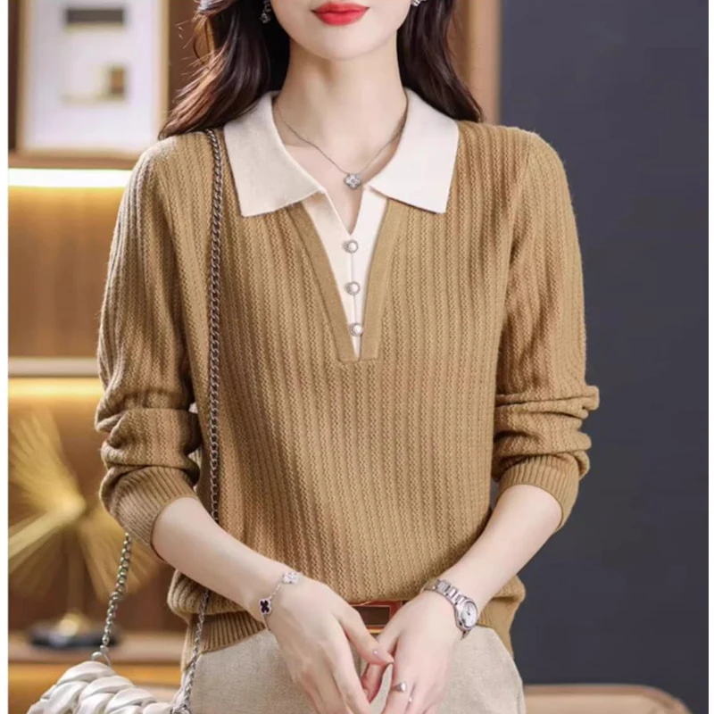 

Новинка 2023 года, женский свитер с отложным воротником, осень-зима, вязаная рубашка с длинными рукавами, модные лоскутные пуловеры, топы
