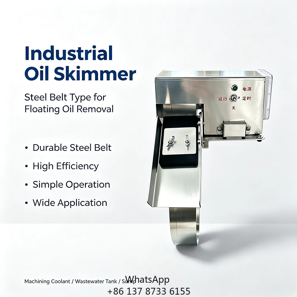High Efficiency 98% Automatic Timer Small Steel Belt Oil Skimmer 6W Portable Single Side Oil Water Separator For CNC Machining