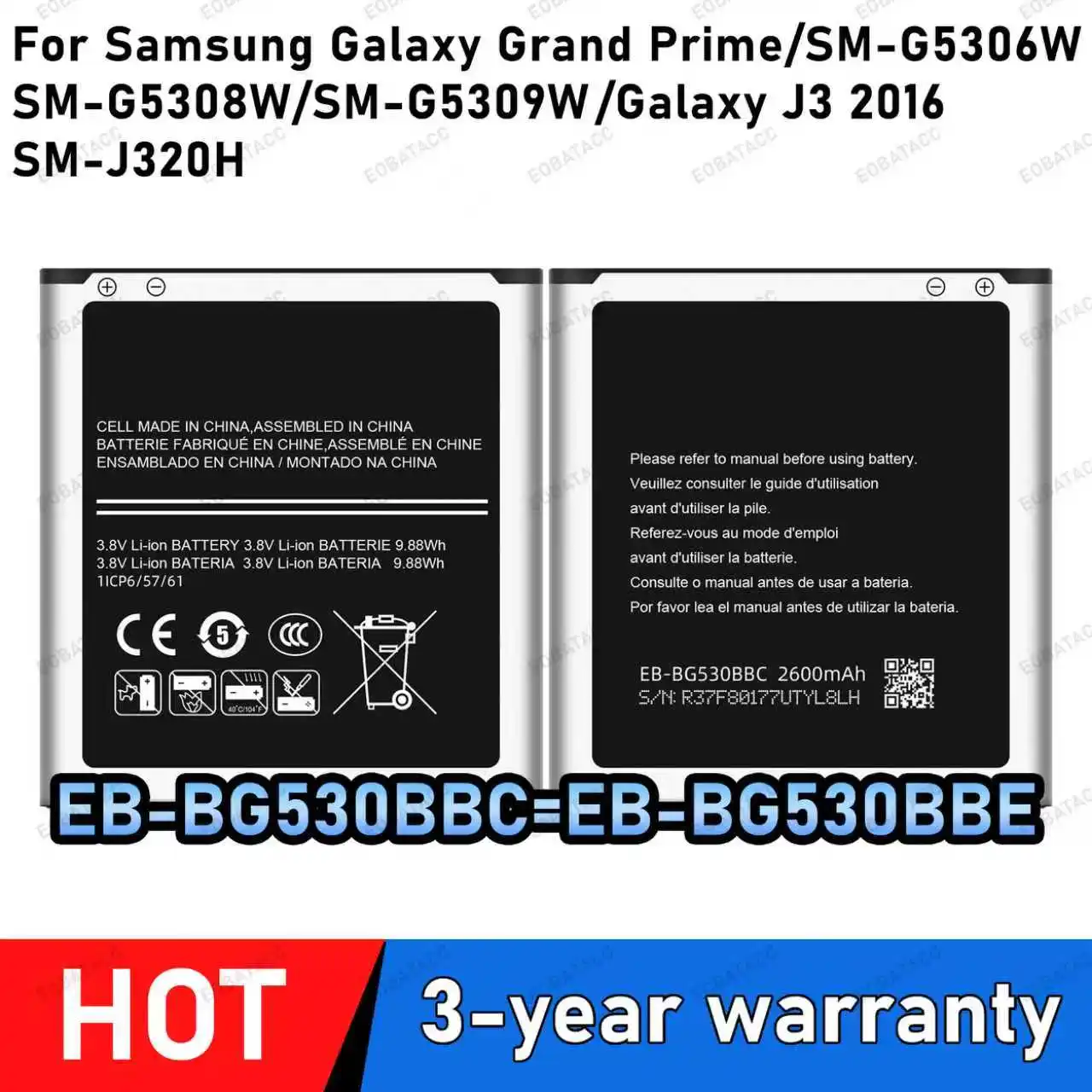 

100% New High Capacity EB-BG530BBC Battery For SAMSUNG Galaxy Grand Prime/SM-G5306W/Galaxy J3 2016/SM-J320H Replacement batterie