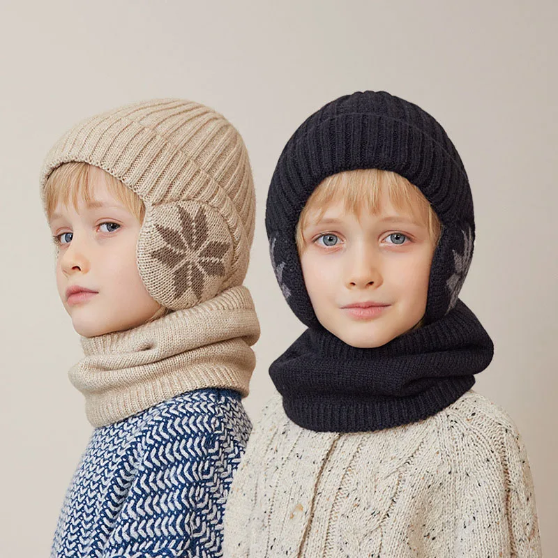 2PC3-12Y Children's Hat, Winter Fleece Scarf Set, Knitted Woolen Hat, Boys' Warm Ear-Protecting Hood