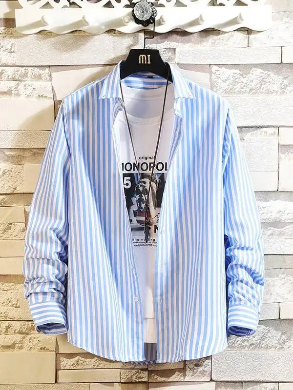 

New Recruitment Men's Casual Striped Shirts Long Sleeve Thickened PU Leather Cleanfit Style Four Seasons Universal Inner Wear