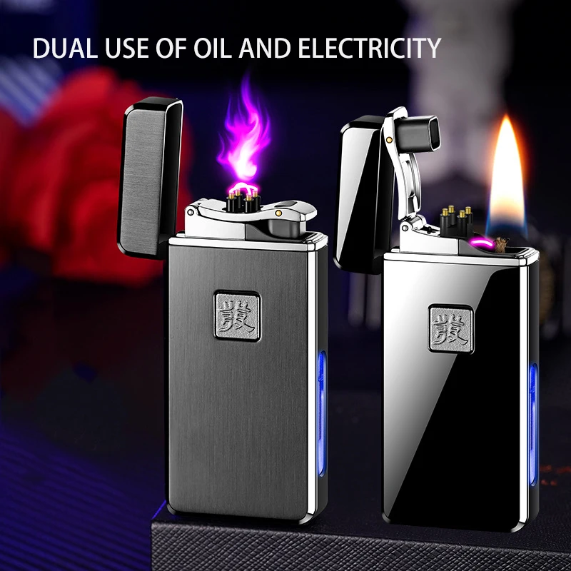 Innovative dual use oil and electricity lighter, metal charging kerosene windproof metal lighter, personalized trendy male gift