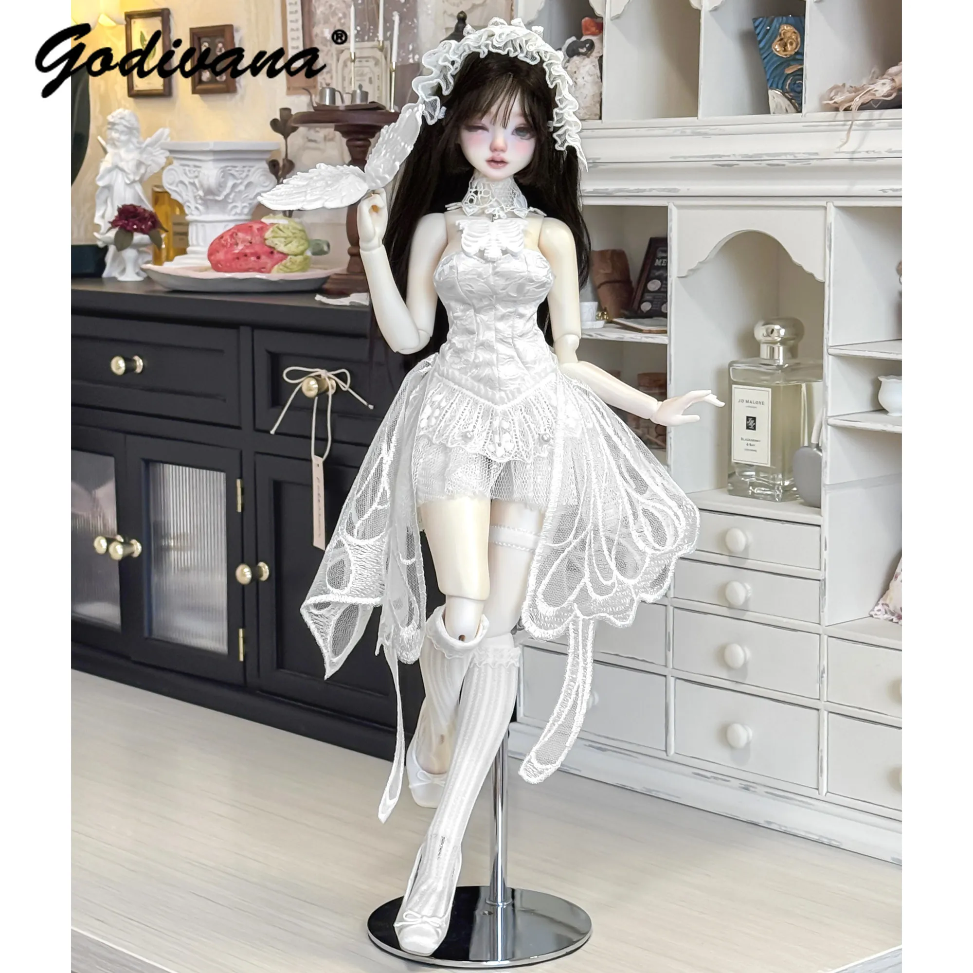 Gothic Angel Style 1/4 BJD Doll Outfit Black and White Irregular Hem Lace Tulle Tail Sleeveless Tubo Dress with Head Ornaments