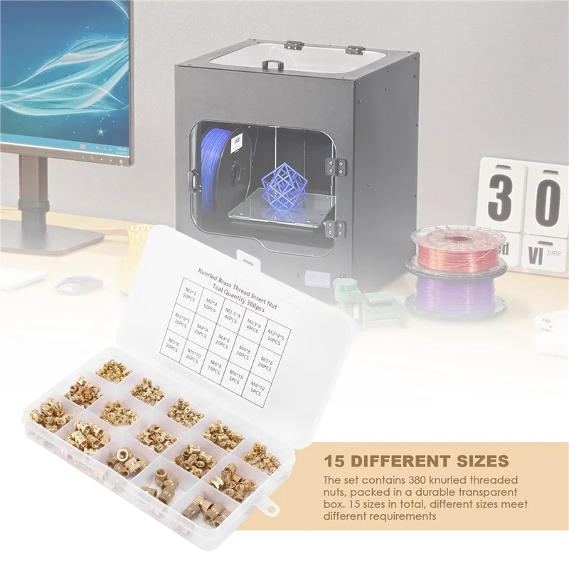 

A21R-380Pcs Thread Inserts M2 M2.5 M3 M4 M5 M6 Metric Female Thread Brass Knurled Threaded Embedment Nuts Assortment Kit