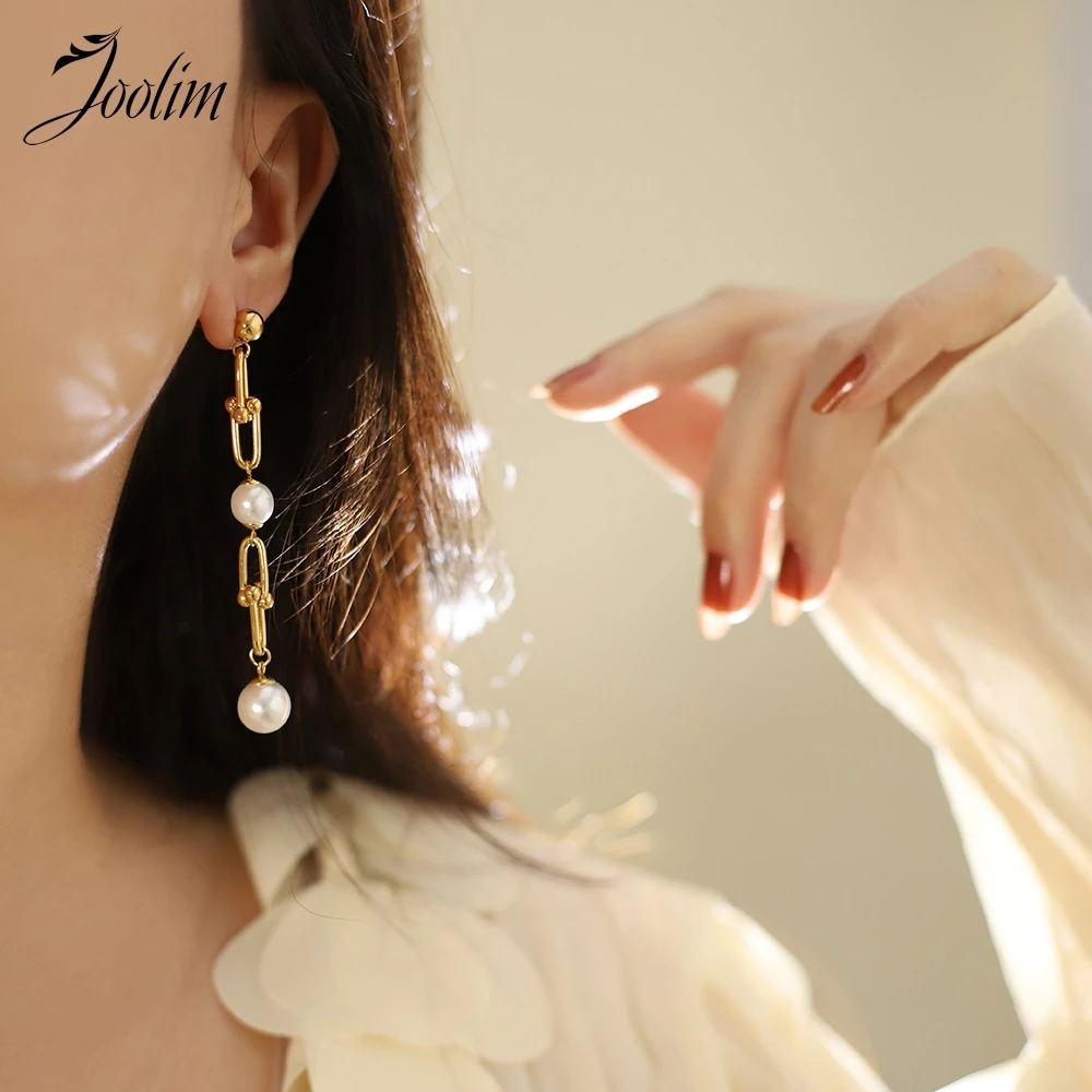 Joolim Jewelry High Quality PVD Wholesale Dainty Horseshoe Buckle Pearl Long Chain Dangle Hoop Stainless Steel Earring for Women