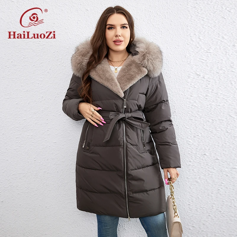 HaiLuoZi 2023 New Plus Size Winter Down Jacket for Women Long Cotton With Fur Belt Lapel Coat Elegent Zipper Female Outwear 1171