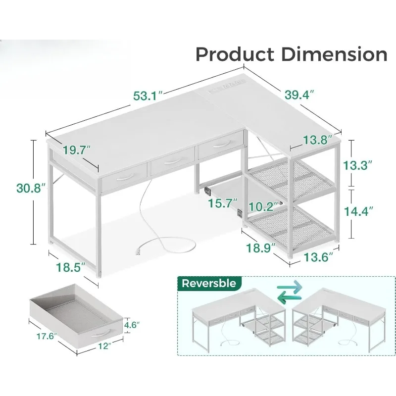 53 Inch L-shaped Computer Desk with Drawers, Corner Table with Power Outlet and Reversible Storage Rack, Office Desk