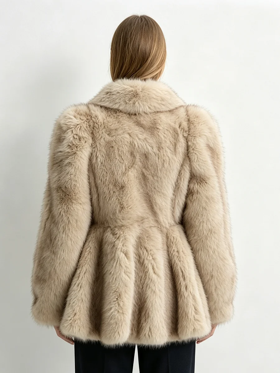 LIMO Women Lapel Faux Fur Short Jacket Solid Beige Fluffy Long Sleeve Warm Elegant Winter Ladies Furry Outerwear