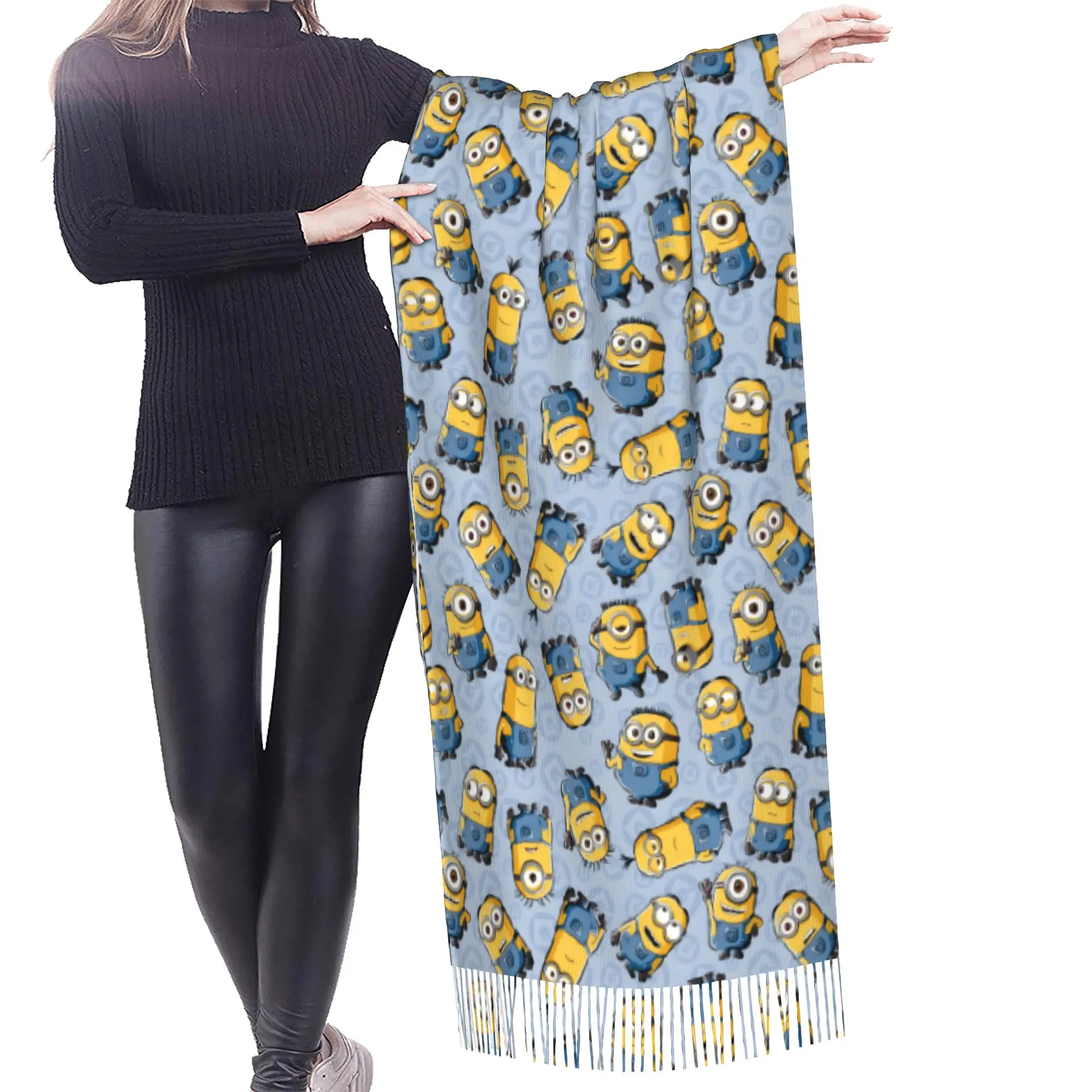 Custom M-Minioned Anime Tassel Scarf Women Soft Manga Cartoon Shawl Wrap Lady Winter Scarves
