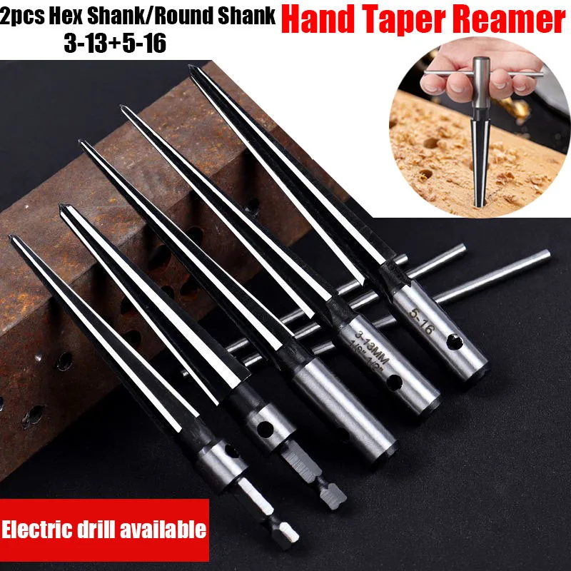 2pcs Carbon Steel Taper Reamer Set 3-13mm And 5-16mm Hex Shank OR Round Shank Tapered Drill Bit Woodworking Hole Opener Tools