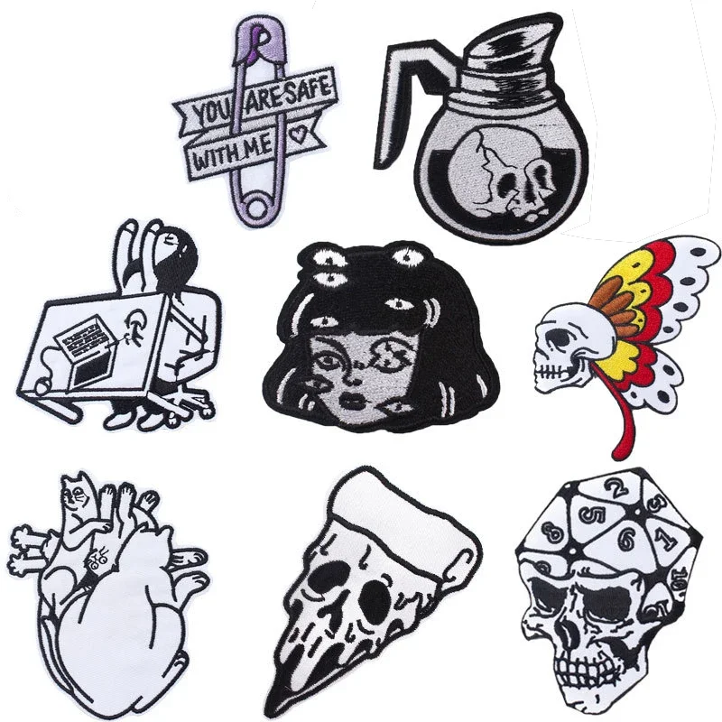 Gothic Punk Embroidery Patches Skull Butterfly Iron on Patches Fusible Badges Ironing Stickers for Clothes Bags Hats Accessories