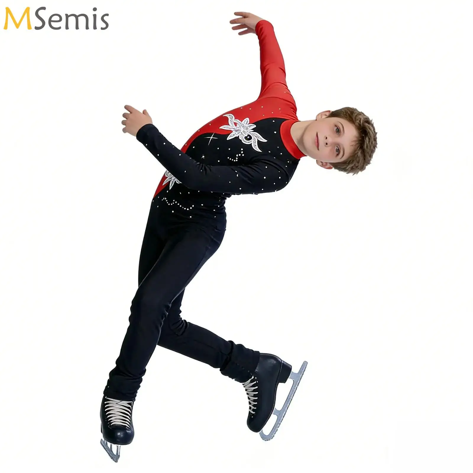 

Kids Boys Girls Ballet Figure Skating Performance Costume Shiny Rhinestones Long Sleeve Yoga Gymnastics Dance Leotard Jumpsuit