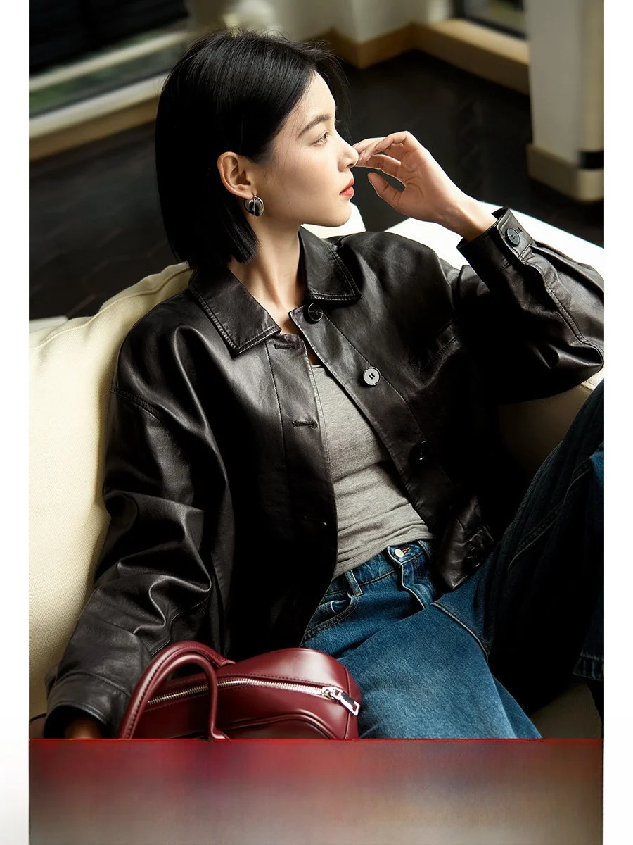 

Ретро-куртка в гонконгском стиле, повседневная, свободного кроя, эластичная, из искусственной кожи, женская, осенняя, новая модная, теплая, из полиэстера, с длинными рукавами