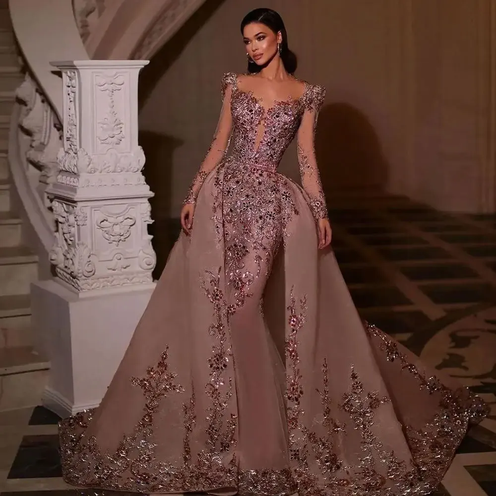 Vestidos de baile de cristal lantejoulas, mangas compridas, trem destacável, beading, vestido de noite, vestidos de festa formais, luxo, 2022