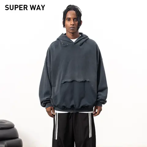 Superway 남성용 후드 워시 패치 워크 루즈한 긴 소매 하이 스트리트 힙합 찢어진 틈새 기본 아메리칸 스타일 스프링 풀오버