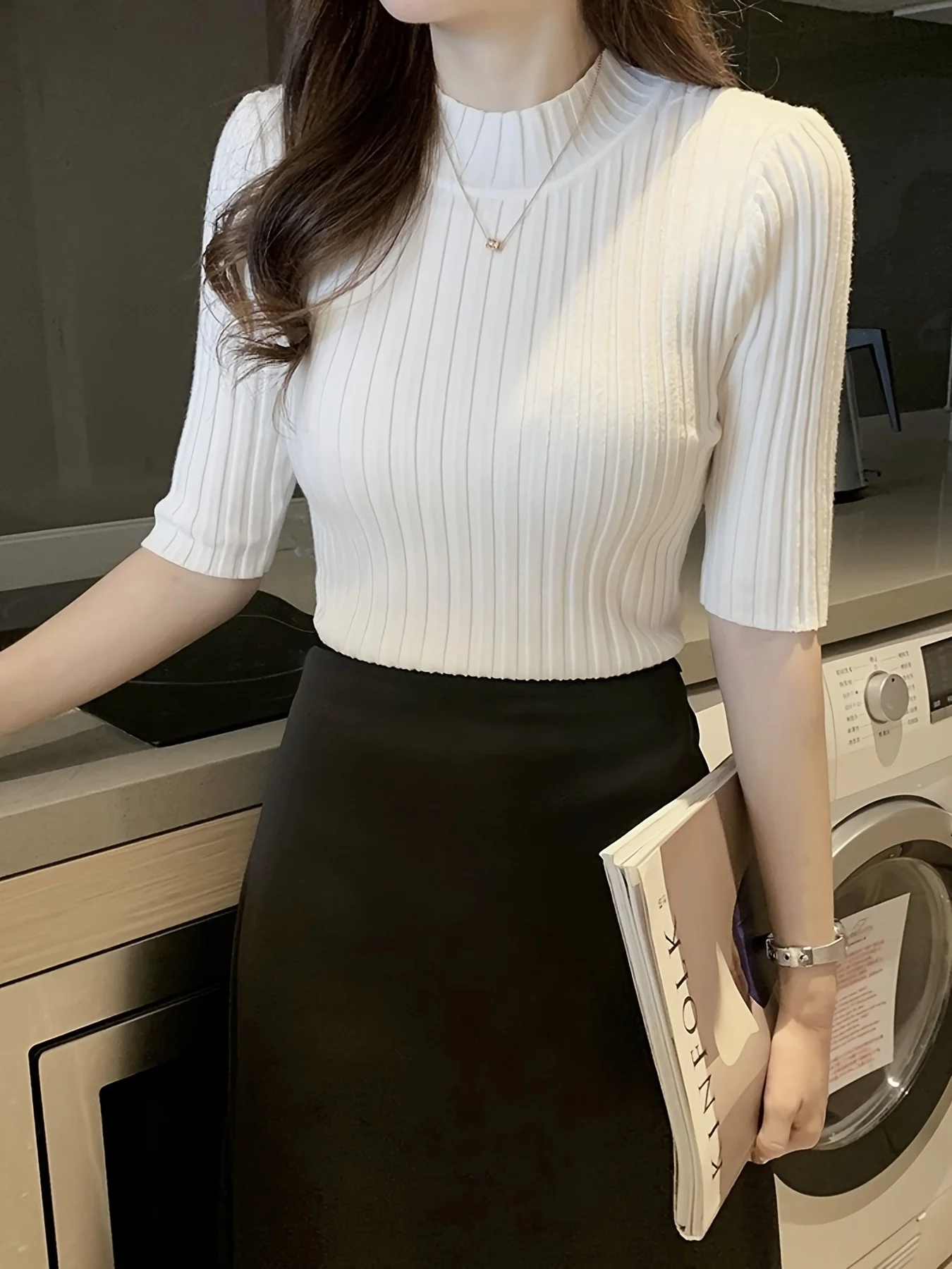 

New slim-fit mid-sleeve knitted sweater for women, pullover sweater for layering, gentle style short top