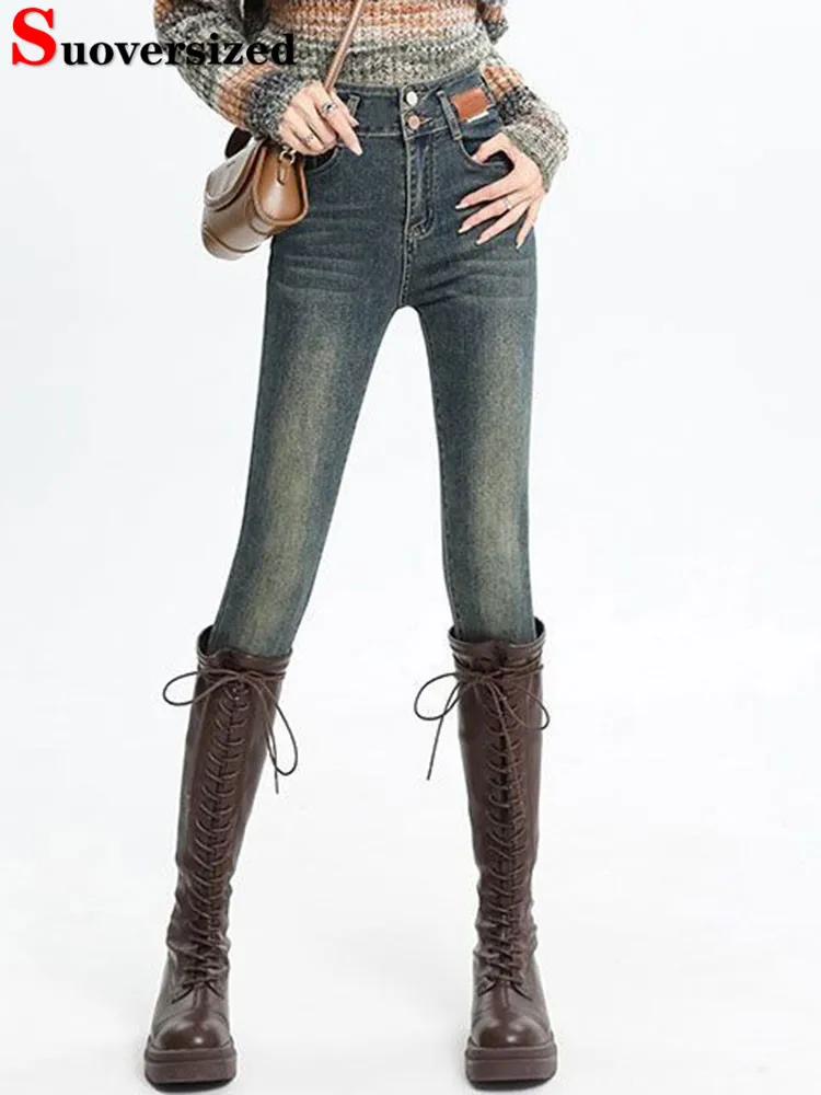 

Весенне-осенние новые эластичные джинсы-карандаш, корейские модные эластичные винтажные джинсовые брюки с высокой талией, женские повседневные шикарные узкие Vaqueros, новинка