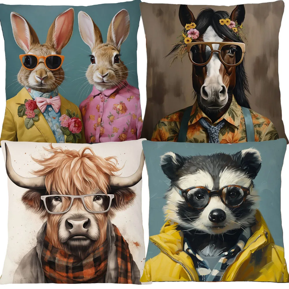 European Rabbit Badger Rooster Horse Animals Hipster with Glasses Painting Cushion Covers Decorative Pillowcase