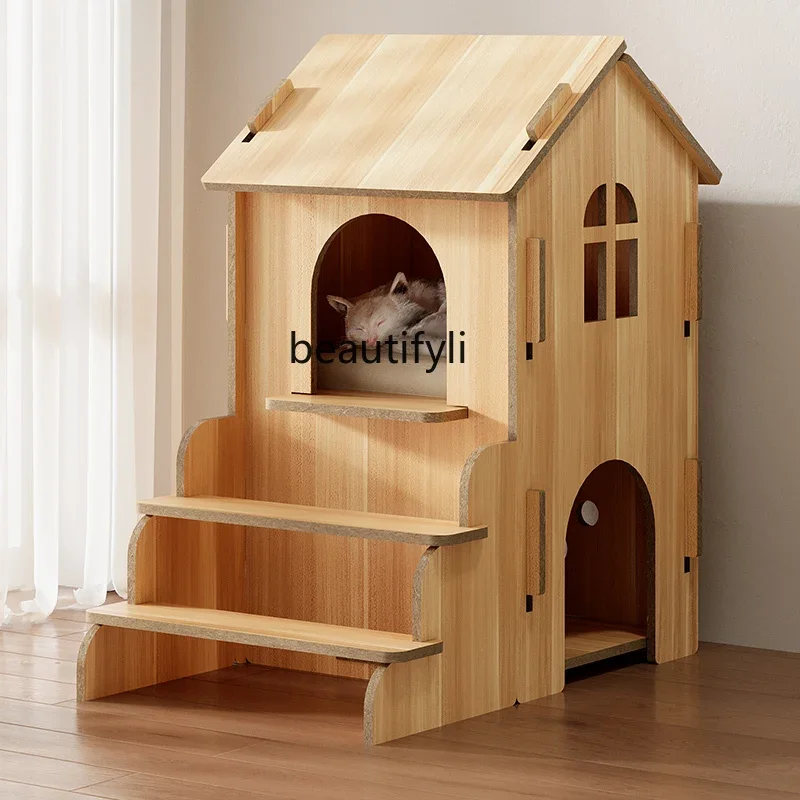 Pet wooden cat house double-layer villa pet furniture is universal in all seasons, easy to disassemble and clean