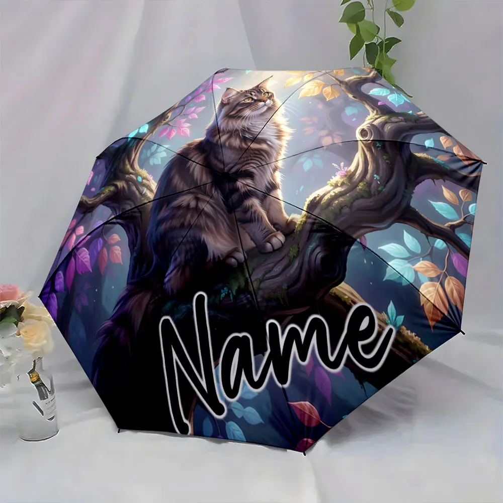 Custom Name Whimsical Cat in Enchanted Forest Umbrella Design Print 8 Iron Ribs Folding Umbrella Auto-Open Fashion Sunshade