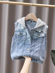 2024 Summer Boys Fashion Label Letter Lapel Pocket Denim Vest Coat Children's Clothing 1-8y