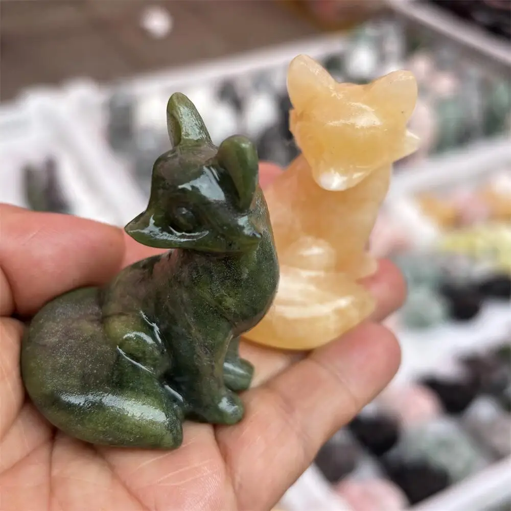 1PCS Cartoon Fox Carving Home Decor - Natural Quartz Yellow Calcite Green Jade Healing Craft Unique Birthday Gift