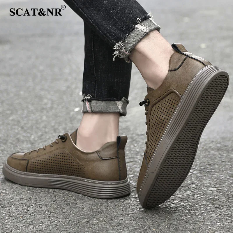 Summer Designer Hollow Out Men Elevator Shoes Leisure Men Loafers Soft Moccasins Height Increase Taller Shoes Man Sneakers