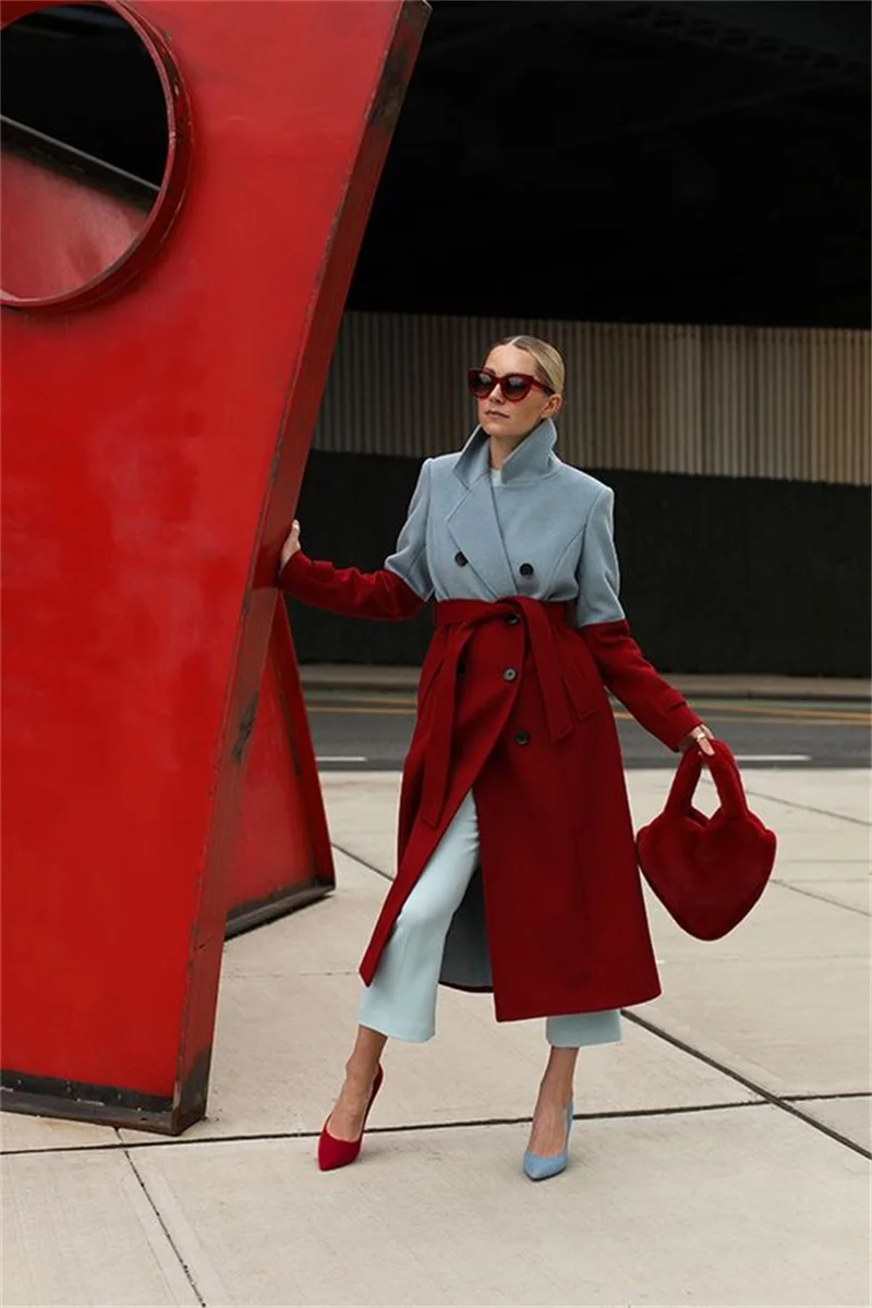 Designer Woolen Women Suit Blazer Tie Waist Long Overcoat Winter Thick Trench Coat Custom Made Splicing Color Jacket Prom Dress