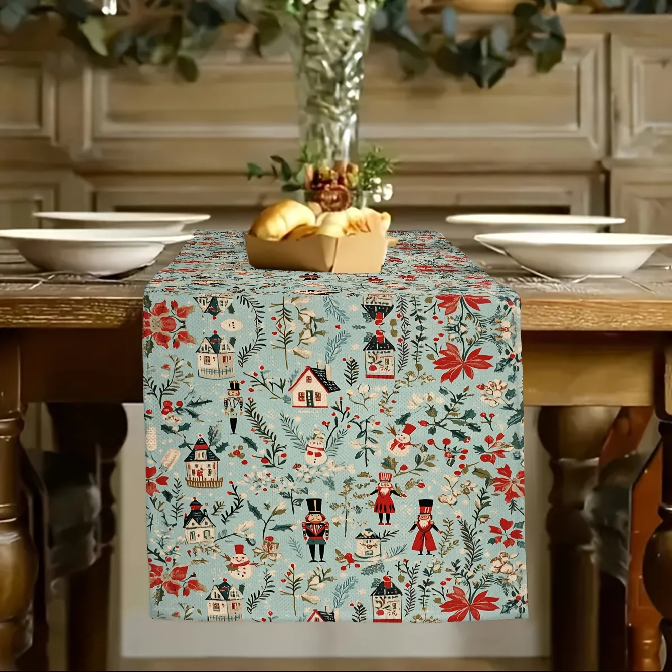 Vintage Weihnachts-Tischläufer |   Nussknacker- und Rentier-Design |   Ideal für Urlaubspartys im Innen- und Außenbereich