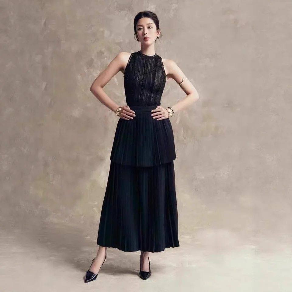 

Elegant 2 Pcs Set O-neck Sleeveless Slim Top High Waist Pleated Skirt Women's Evening Party Suit 2025 Summer New 35Z2619