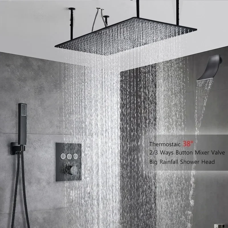 

Luxury Thermostatic Bathroom Shower FaucetBig Rainfall Shower Head Rotate/Waterfall Bath Tub Spout 2/3 Ways Push Key Mixer Tap