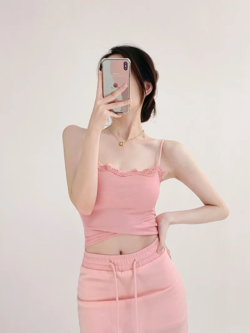 Pizzo Patchwork dolce stile piccante gilet fionda estate delle donne nuovo collo basso sottile Sexy esterno indossando solido Top corto F116