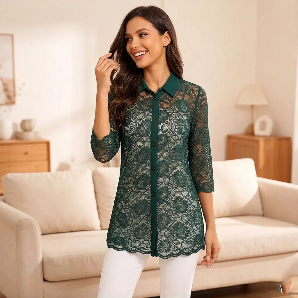 Women Green Lace Shirt Dress Floral Crochet Blouse with Contrast Collar Bell Sleeve Casual Loose Fit Elegant Tunic Top