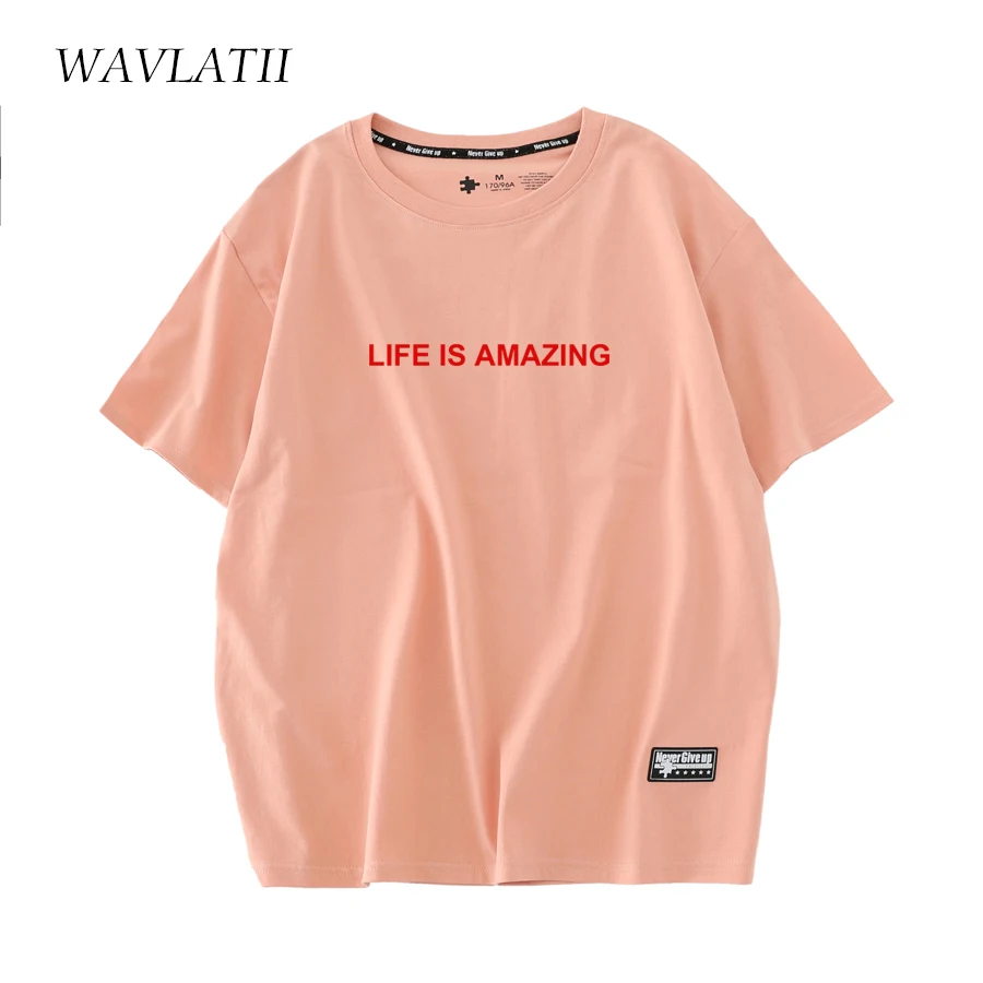 WAVLATII New 2022 Amazing Summer T Shirts Female White Pink Printed 100% Cotton Conformatable Short Sleeve Tees Tops WT2223