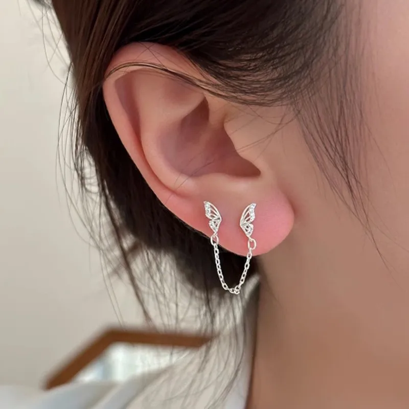 Fashion Silver Color Hollow Butterfly Stud Earrings for Women Girl Simple Double Ear Hole Tassel Chain Earrings Jewelry Gift