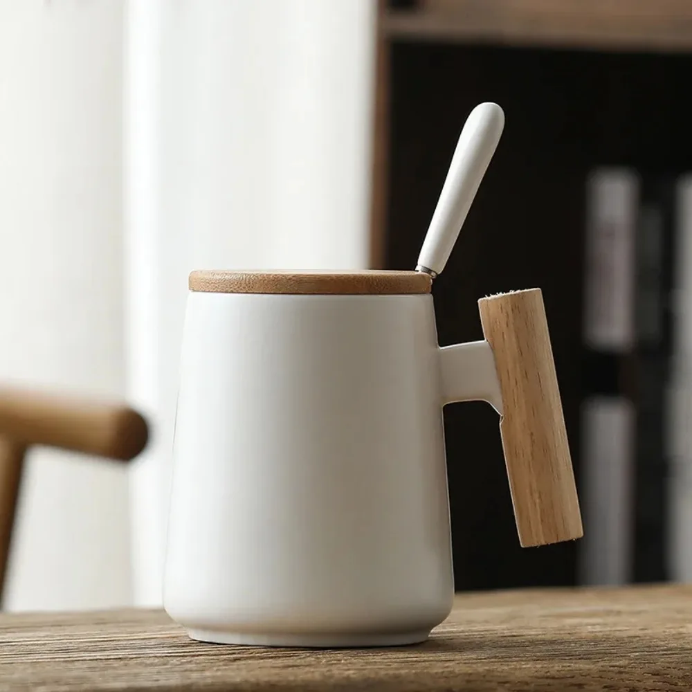 New Vintage Nordic Design Ceramic Coffee Mug with Lid Wooden Handle Retro Office Home Water Cup Simple Business Gift Drinking - view 6