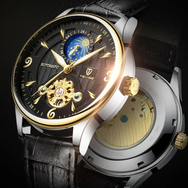 Tourbillon Hollow Automatic Mechanical Watch Men's Leather Moon Phase Function Waterproof Glow-in-the-dark Man Sports Watch