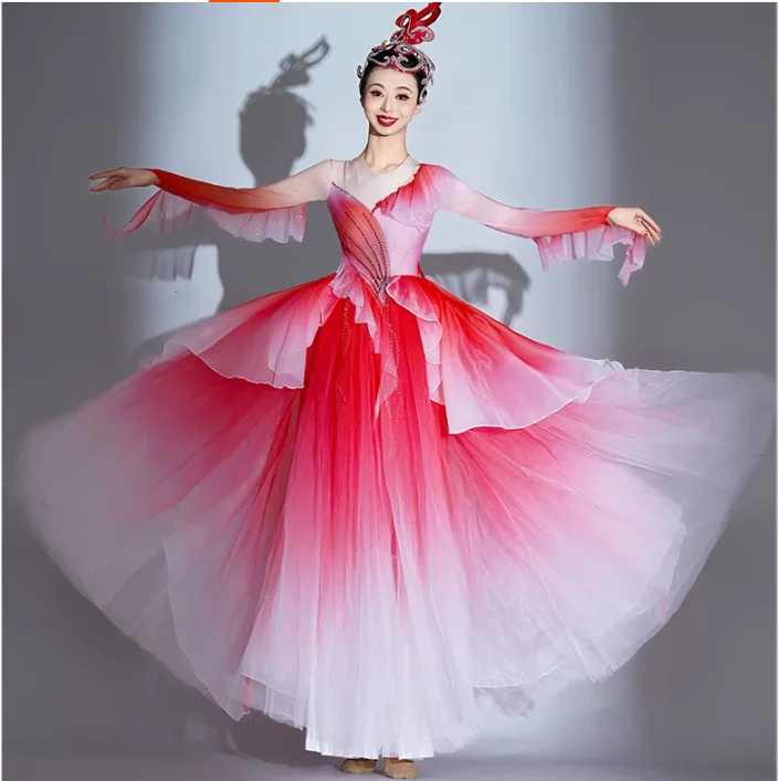 

Chinese Modern Fluffy Dance Dress for Women's New Year's Opening Ball Dance Costume