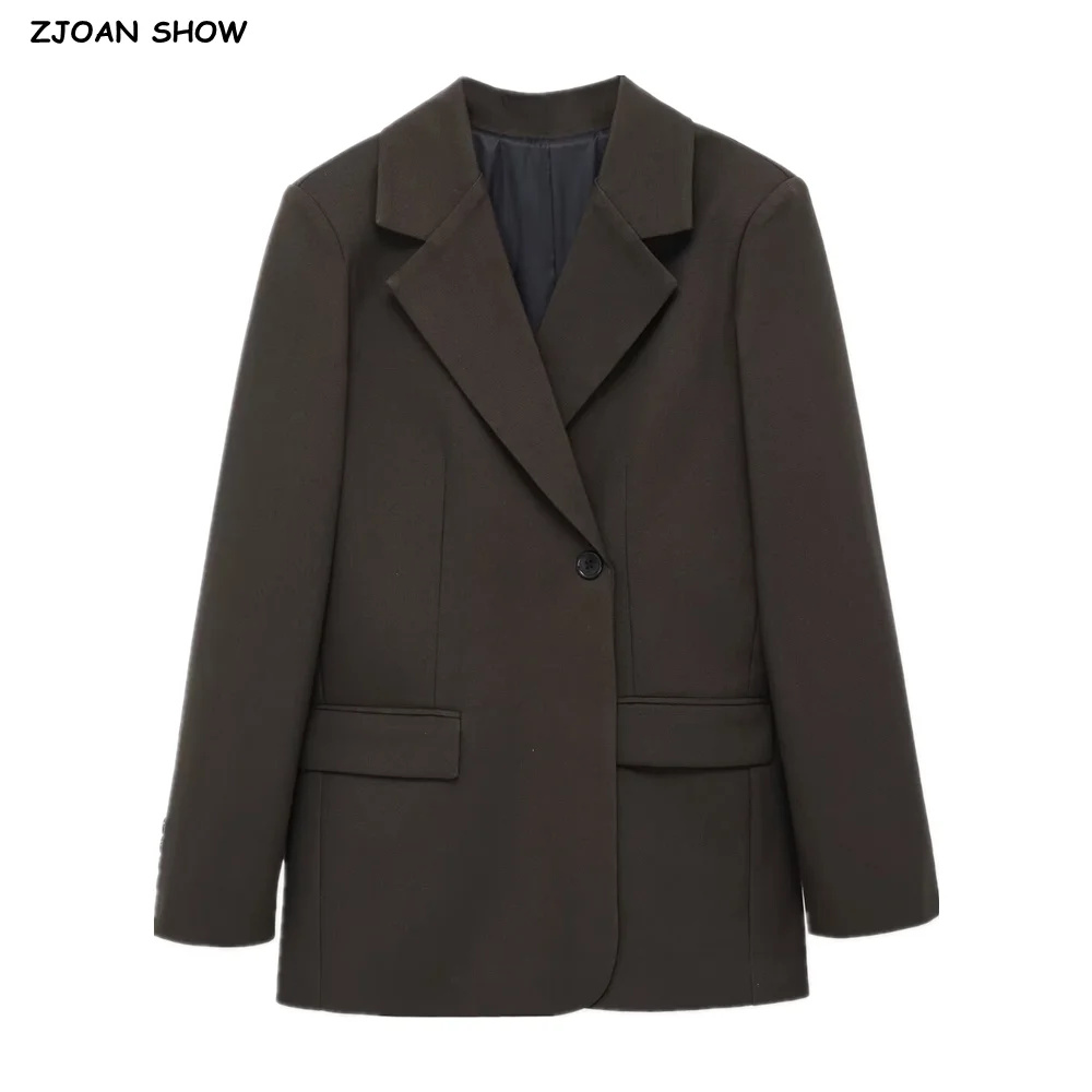 

Весенне-осенний свободный стиль, большой пиджак на одной пуговице, винтажный женский костюм-бойфренд средней длины, свободное женское пальто черного цвета