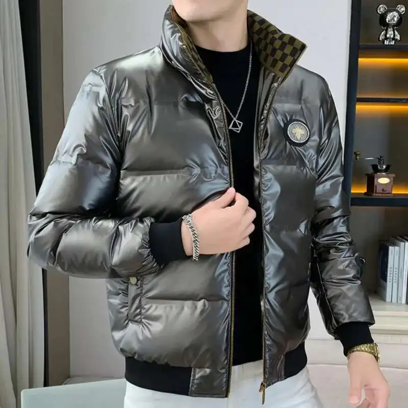 2023 Stand Collar Shinny Down Solid Color Coat Men Winter Long Sleeve Jacket Letter Print Jacket Men Shiny Down Jacket Black