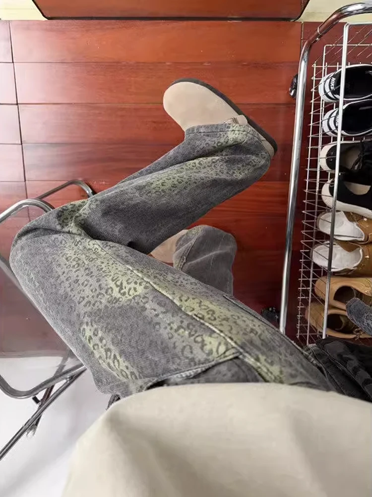 

Мужские джинсы с леопардовым принтом в американском стиле High Street, осень-зима, узкие прямые брюки для похудения, расклешенные брюки