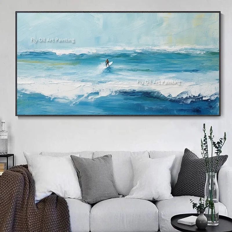 Beach Sea View Wave Surfer Surfing Oil Painted Handmade Surfboard Surf Sport Canvas Wall Art For Room Home Decor As Best Gift