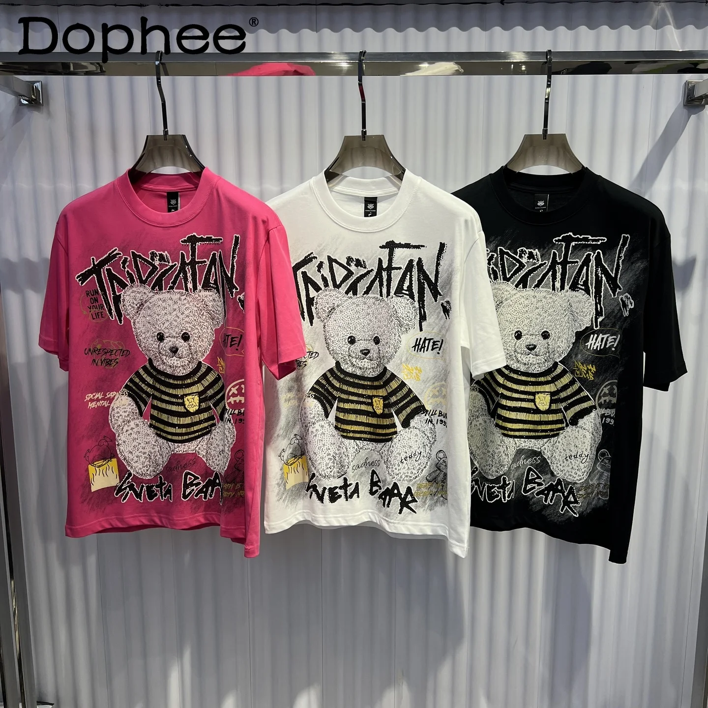 

2025 Summer New Heavy Industry Cartoon Printing Hot Diamond Short-sleeved T-shirt Handsome Men's Round Neck Loose Casual Top