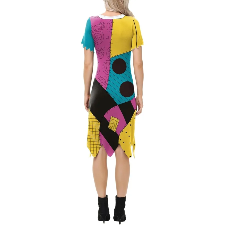 فستان نسائي مرقع بطباعة ثلاثية الأبعاد وأكمام طويلة ورقبة دائرية لحفلات الهالوين التنكرية للبالغين