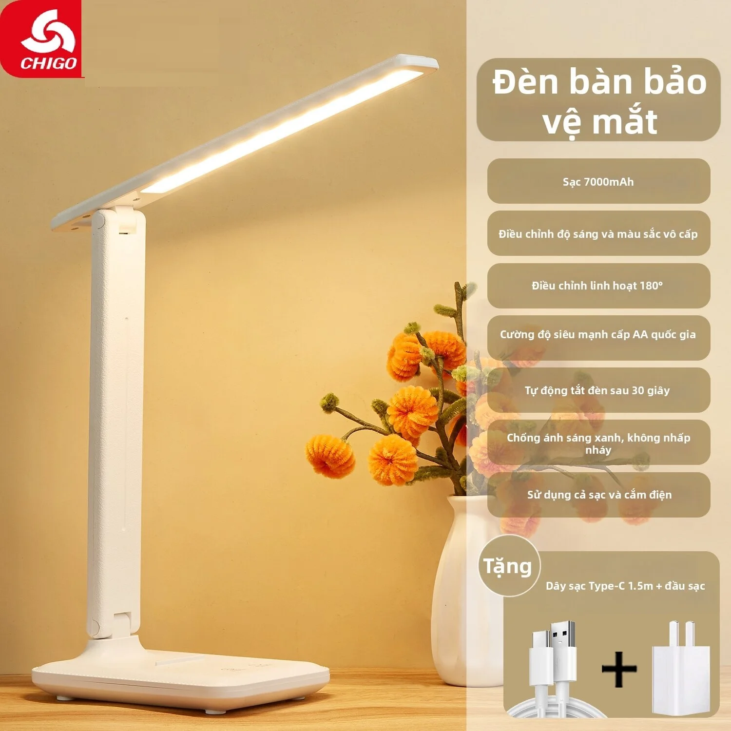 Chigo | Đèn Bàn Chống Cận Cho Học Sinh Có Thể Sạc và Cắm Điện