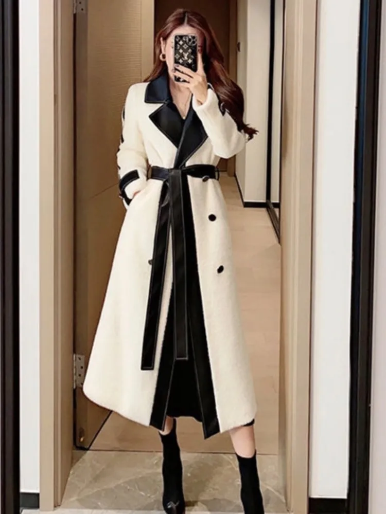 

Autumn Winter Elegant Woolen Coat Women Contrast Color Patchwork Long Jackets with Belt Lapel Korean Fashion Female Outerwear