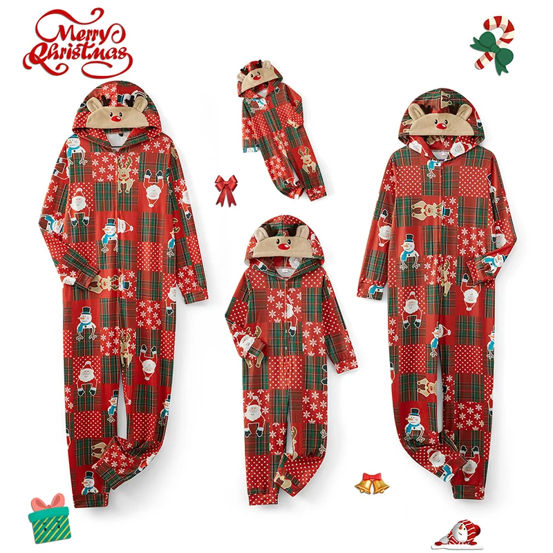 Pijamas navideños familiares a juego, mono rojo con estampado de renos a cuadros, manga larga, con cremallera, longitud completa, conjunto de ropa de dormir para vacaciones