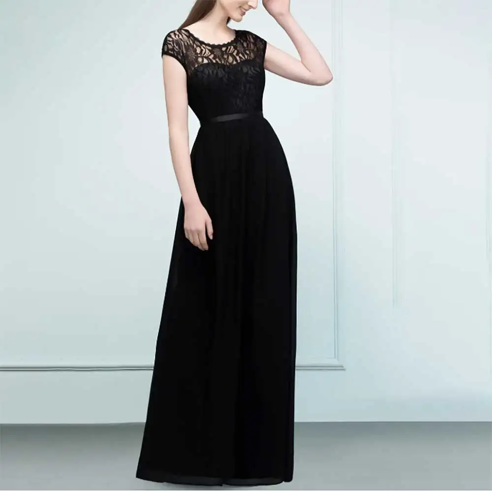 

Women's Elegant Round Neck Short Sleeve Lace Backless A-line Belt for Prom Party Bridesmaid's Dress Evening Dress فساتين سهرة