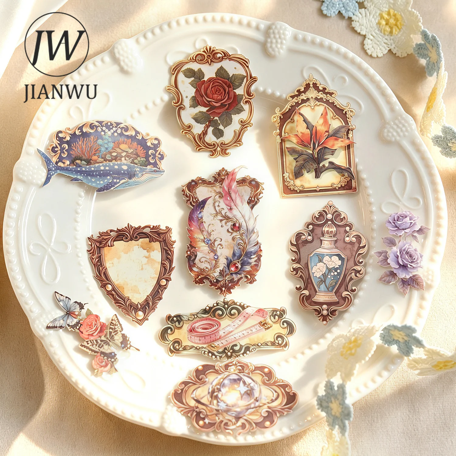 JIANWU Vintage Baroque Butterfly Flower Label Landscape Material Collage Scrapbooking Sticker Creative DIY Journal Stationery