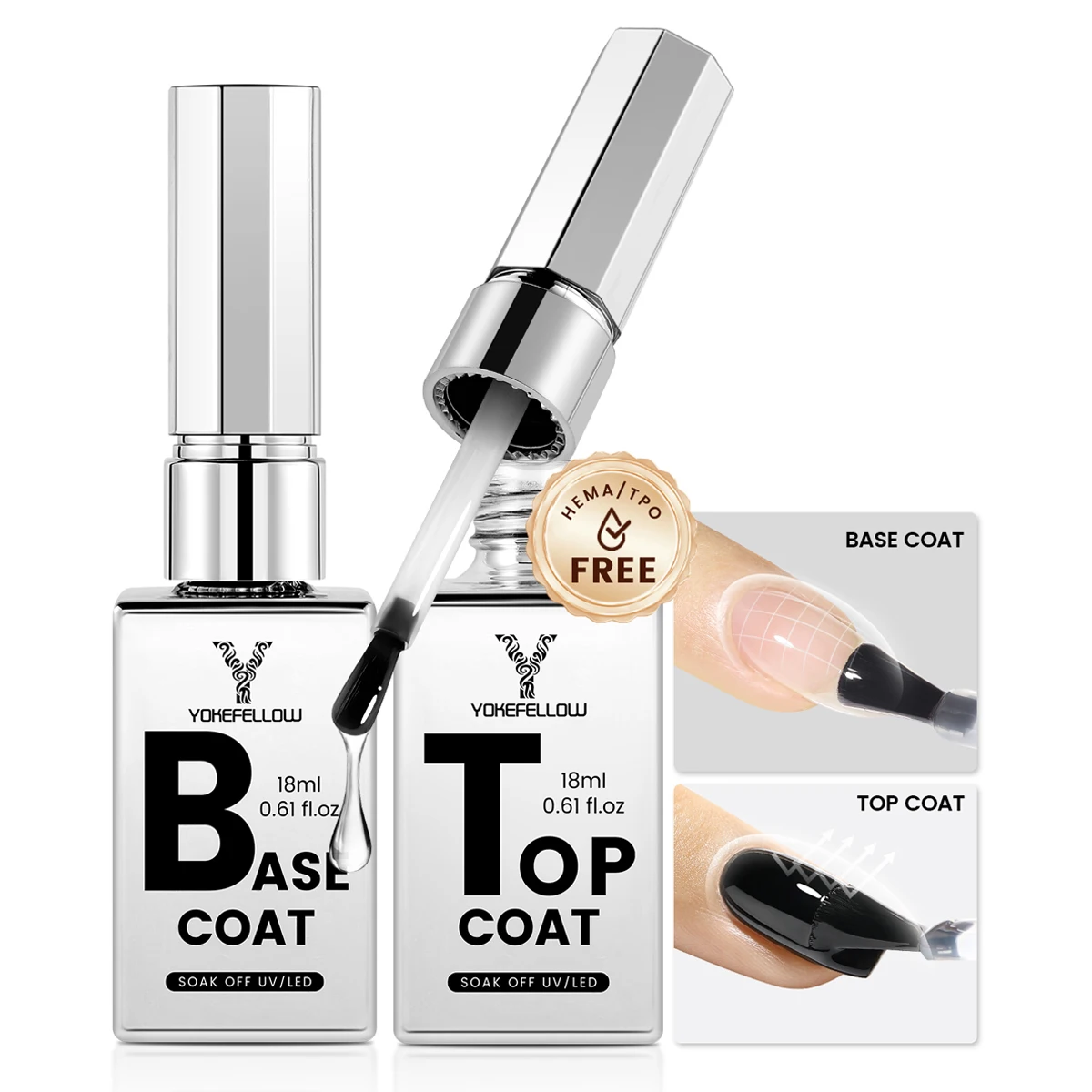 

YOKEFELLOW 18ML Gel Nail Polish Base Coat No Wipe Top Coat HEMA TPO Free Soak Off UV LED Nail Varnish Long Lasting Function Gel